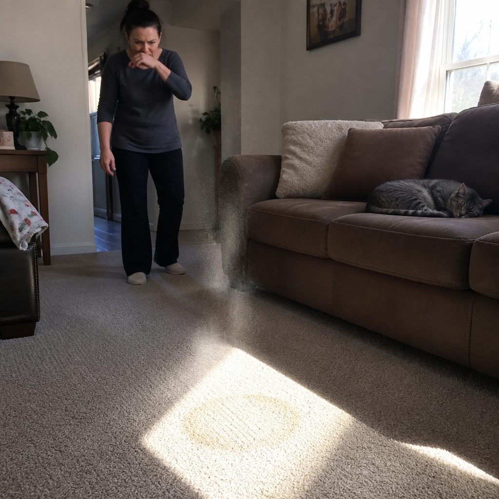 Cat sniffing the same spot of carpet in the sun
